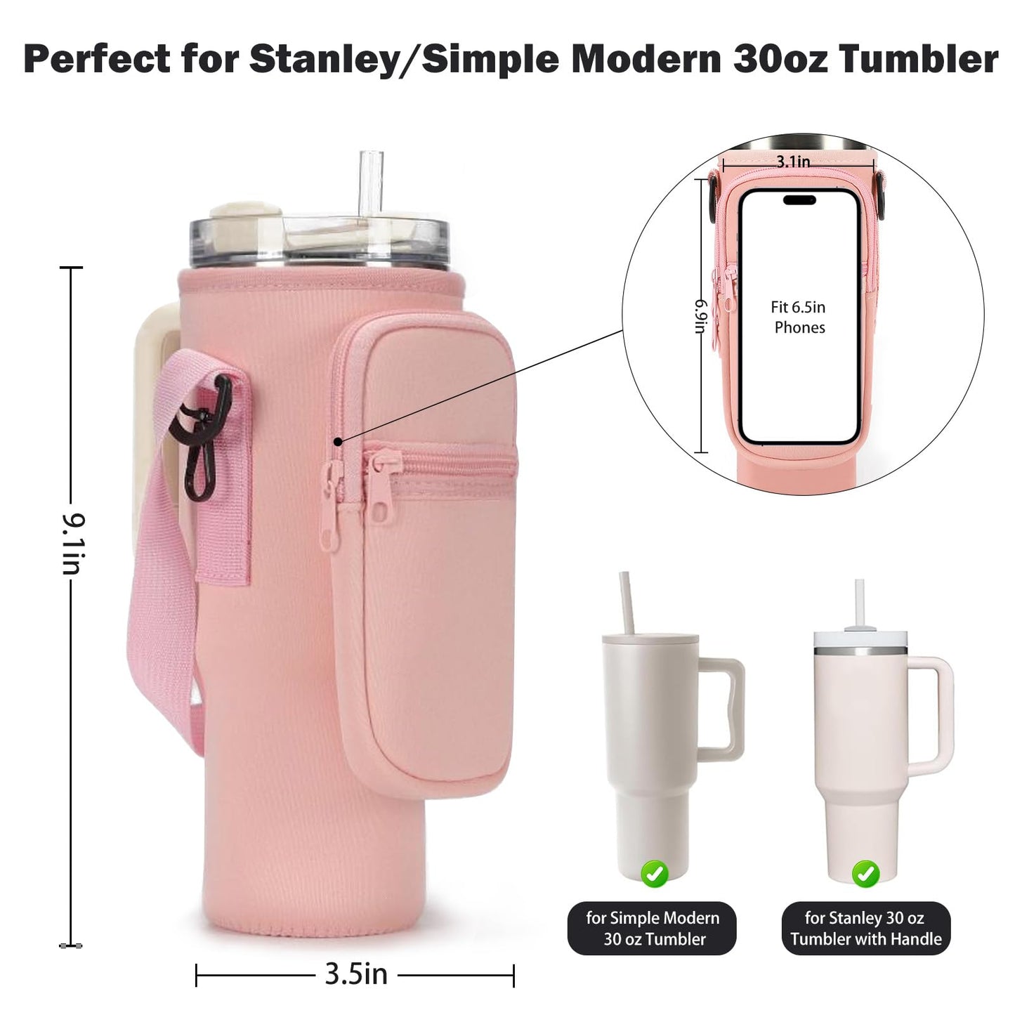 GOEWY Water Bottle Carrier Bag for Stanley 30oz Tumbler with Phone Pocket Water Bottle Holder with Strap Neoprene Water Bottle Pouch for Stanley Cup Accessories