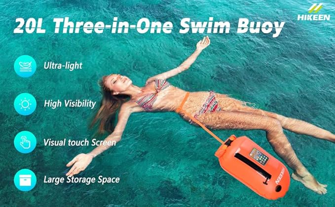 Hikeen Swim Buoy with Dry Bag 20L - Waterproof Touchscreen Large,Fully Waterproof Swim Safety Float for Open Water Swimmers and Training Triathletes, Kayaking, Be Bright, Be Safer