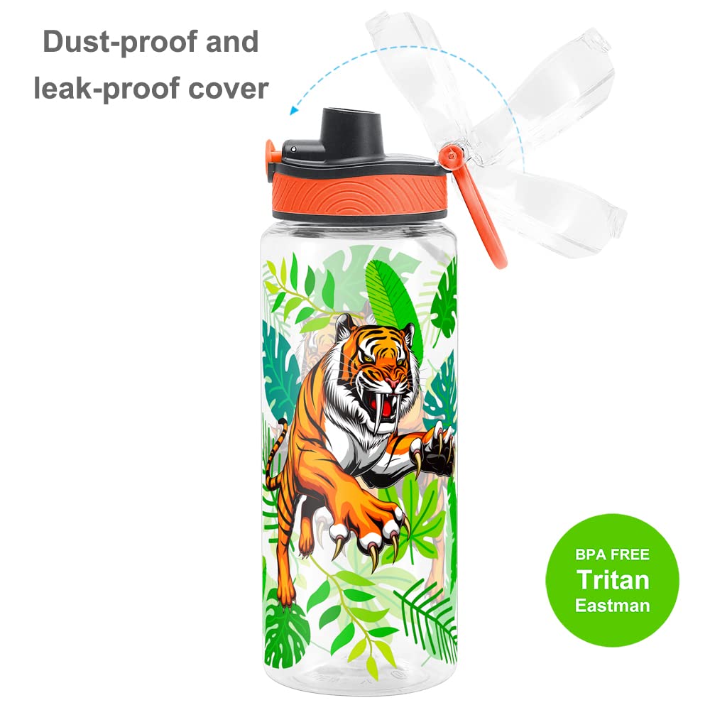 Cute Water Bottle for School Kids Girls, BPA FREE Tritan & Leak Proof & Easy Clean & Carry Handle, 23oz/ 680ml - Tiger