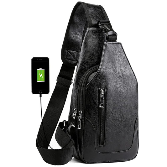Peicees Leather Sling Bag Mens Crossbody Bag Chest Bag Sling Backpack for Men with USB Charge Port