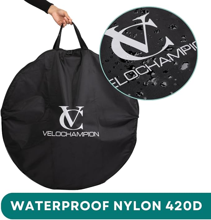 VeloChampion Waterproof Bicycle Wheel Bag Storage Cover | Mountain, Road or Gravel Bike | 650b. 700c. 26” 27.5” 29” Bicycle Wheelset Transport Travel Case (Black, 31.8" (MTB) x2)