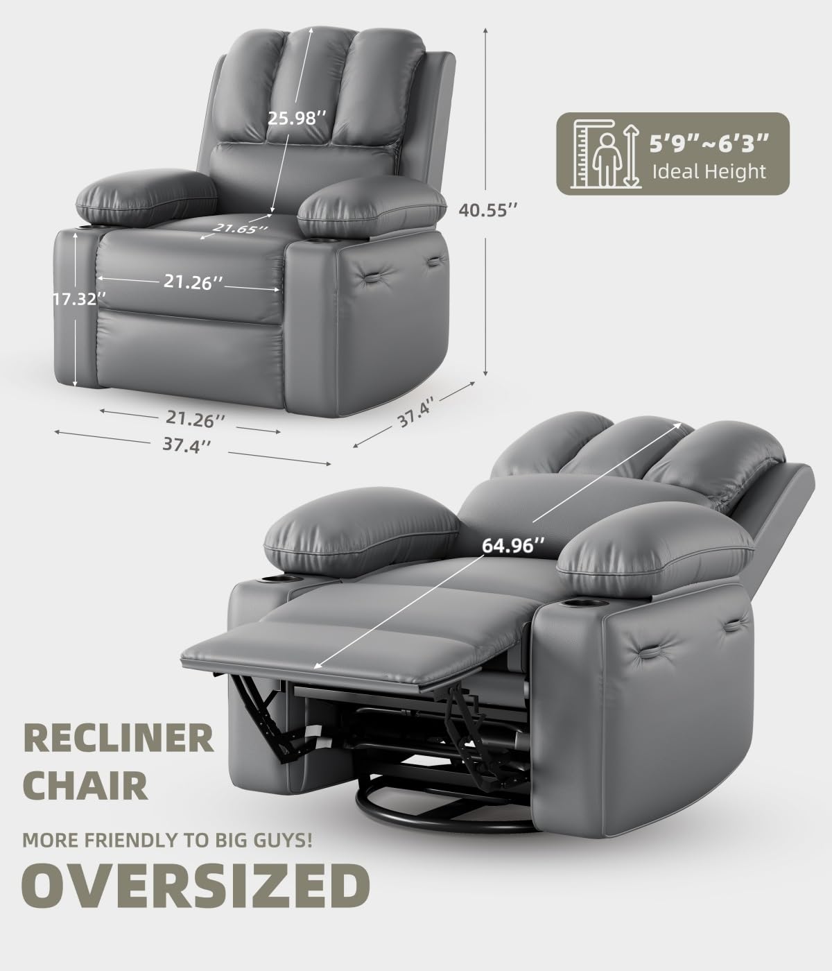 Oversized Recliner Chairs with Heat and Massage - 360° Swivel Lazy Recliner Chair for Adults- Manual Recliner Chair with Cup Holder for Living Rooms, Bedrooms and Nurseries - Grey