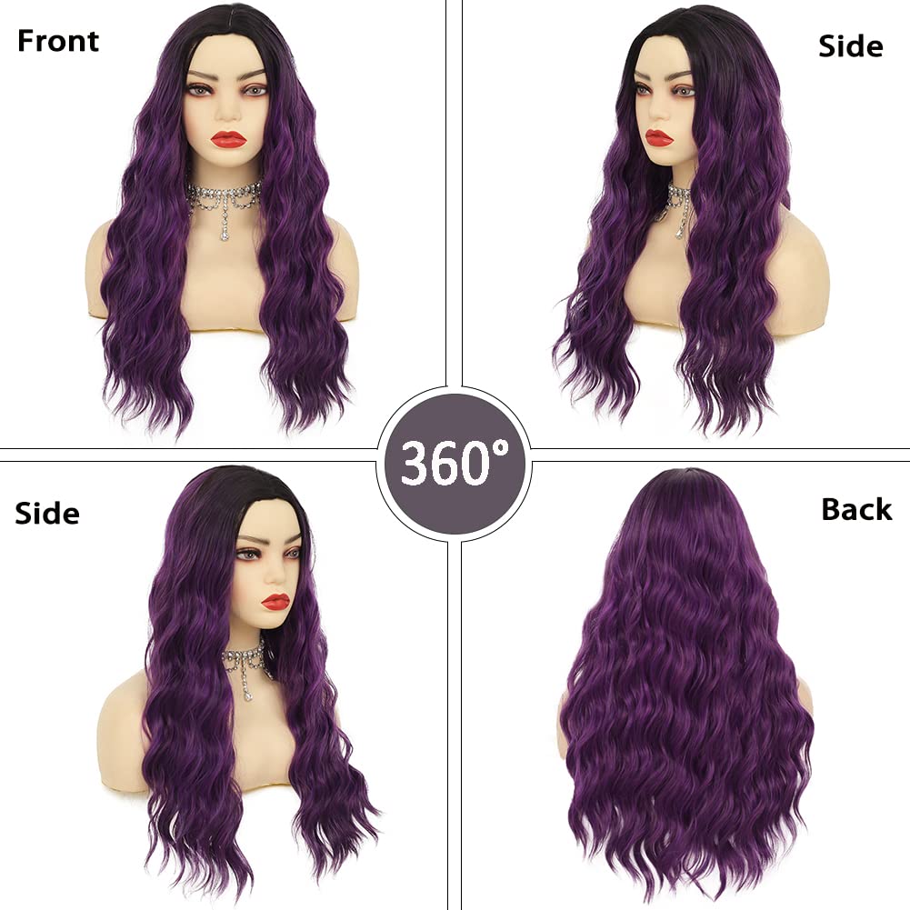 Amnenl Ombre Purple Curly Women Wigs Long Wave Dark Roots Middle Part Synthetic Wigs for Halloween Cosplay Wig