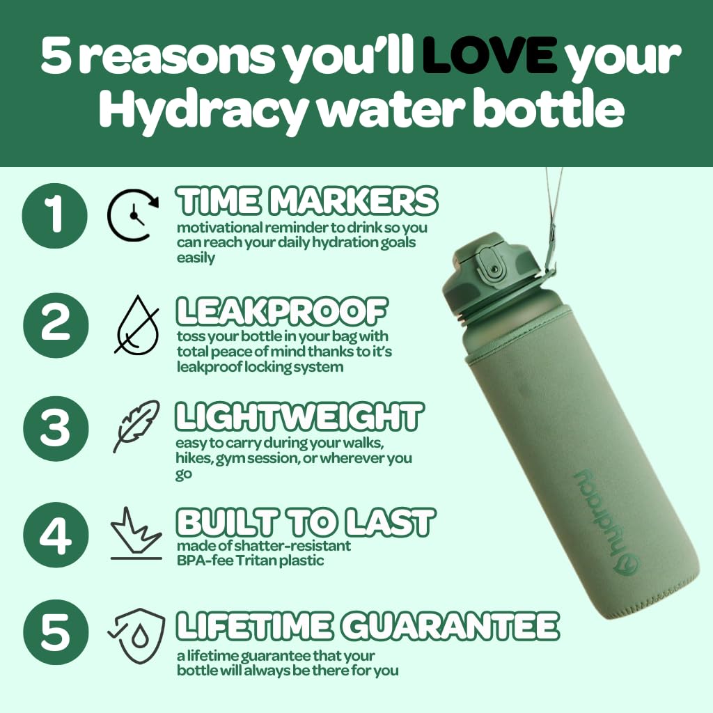 Hydracy Water Bottle with Time Marker -Large 32 oz BPA Free Bottle & No Sweat Sleeve -Leak Proof Gym Bottle with Fruit Infuser Strainer & Times to Drink -Ideal Gift for Fitness Sports & Outdoors