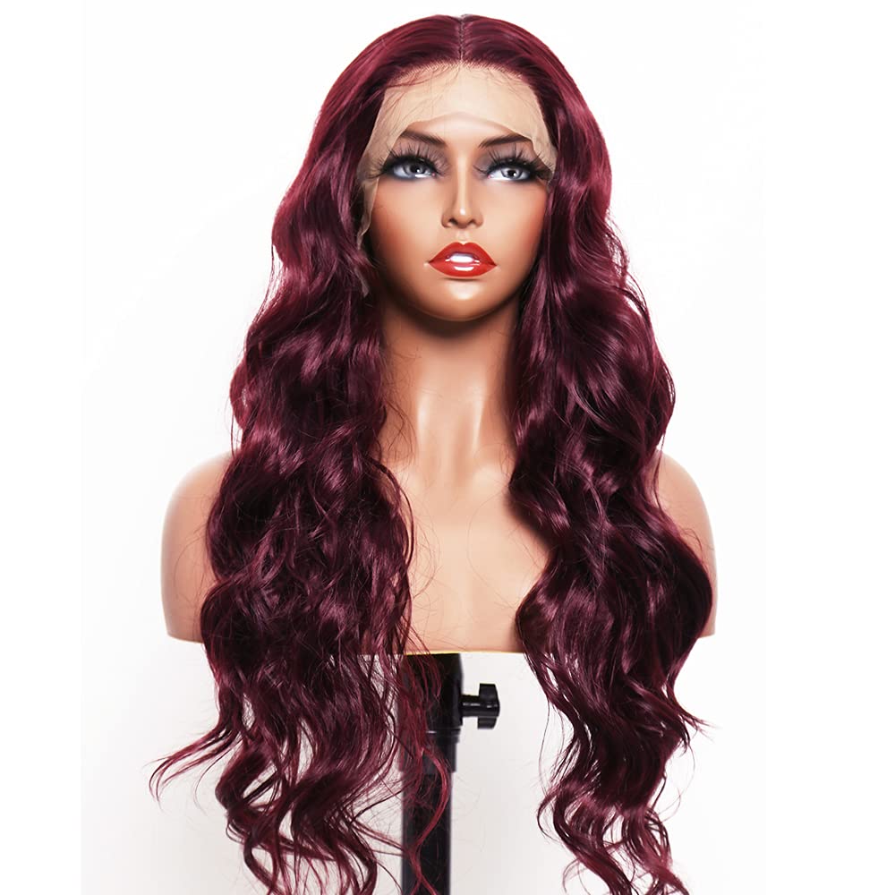ANDRIA lace front wigs Glueless Lace Wig Long Loose Wave Synthetic Heat Resistant Fiber Wig With Baby Hair Long Curly Colorful Burgundy Wine Red Colored lace front wig for Black Women 99j Wig 24 Inch