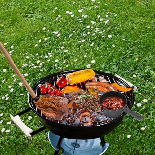 BBQ Mop Brush and Cast Iron Sauce Pot Set, 11-in-1 Value Pack includes 2Pcs Wooden Long Handle, 6 Brush Heads, 1 Cast iron BBQ Pan and 2 Silicone Brushes for Grilling all Types of Ingredients