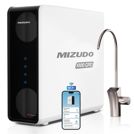 Smart WiFi 1000GPD RO Water Filtration System, MIZUDO 9-Stage Tankless Reverse Osmosis Water Filter, 3:1 Pure to Drain RO System Under Sink, NSF/ANSI 372&53&42 Certified, LED Faucet, Reduce PFAS