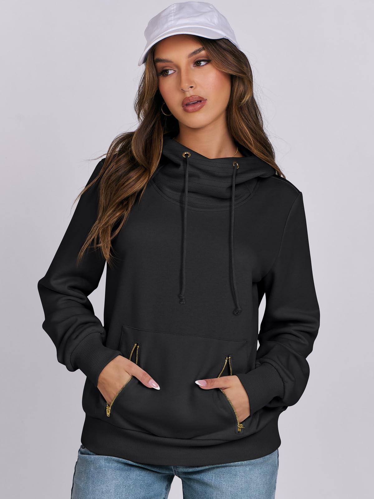 ANRABESS Womens Hoodie Cowl Neck Long Sleeve Sweatshirts 2024 Winter Fashion Pullover With Drawstring Teen Girls Clothes Black Small