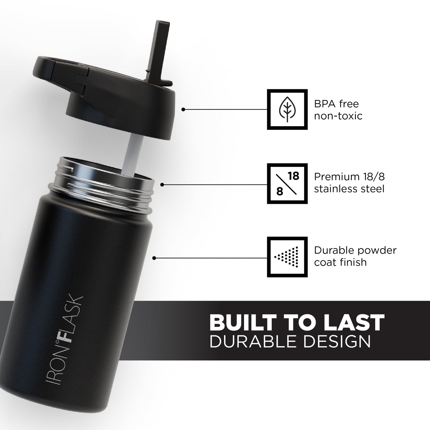 IRON °FLASK Camping & Hiking Hydration Flask, Wide Mouth, 3 Straw Lids, Stainless Steel Outdoor Water Bottle, Double Walled, Insulated Thermos, Metal Canteen - Midnight Black, 14 Oz