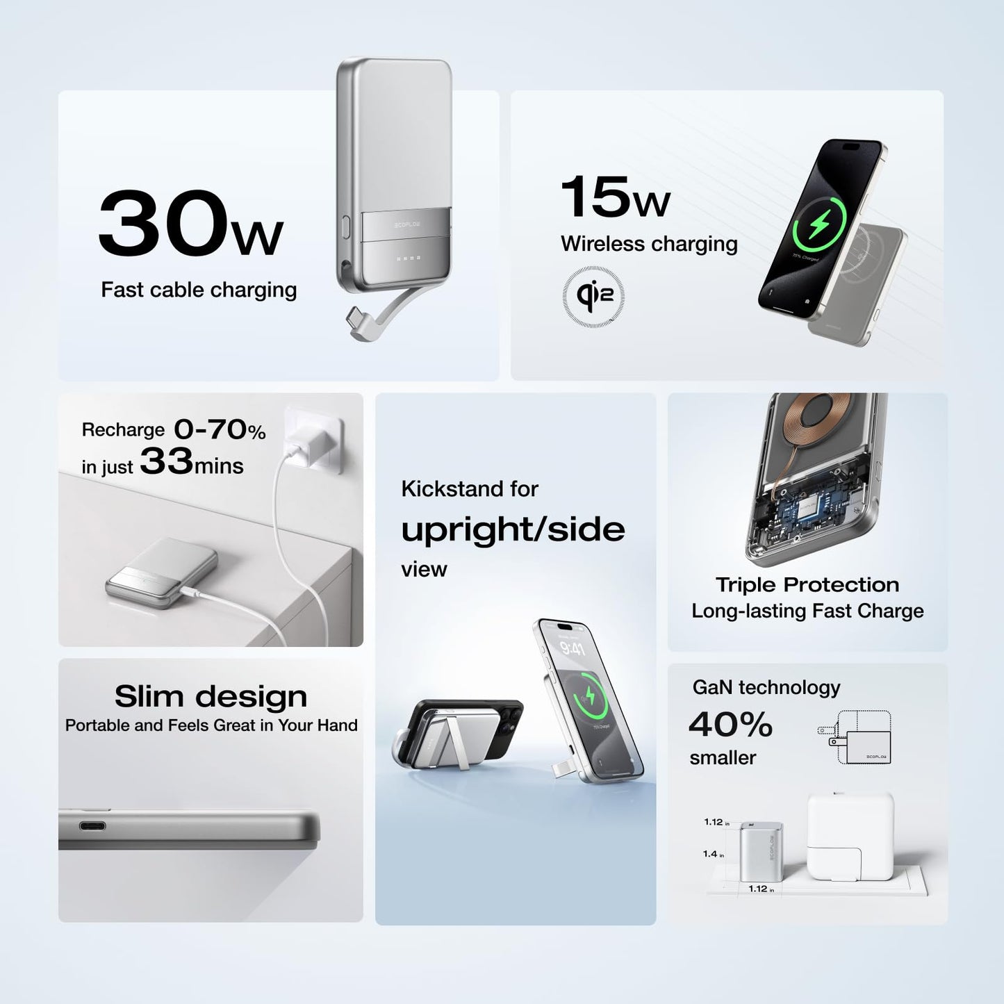 EF ECOFLOW Rapid Power Bank Wireless 5000mAh & 30W GaN USB C Charger, Qi2 Certified Ultra-Fast Magnetic Portable Charger with Stand & Built-in Cables, Battery Pack Compatible with iPhone 16/15/14/13