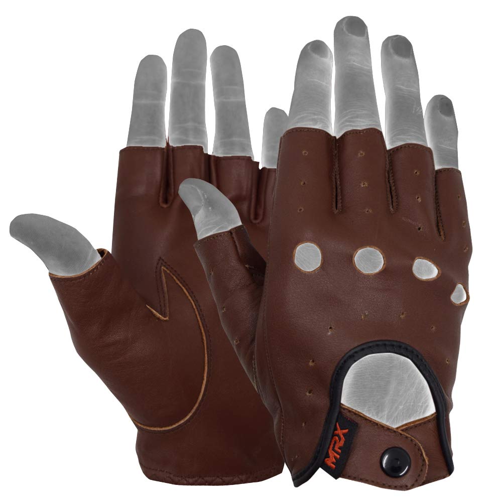 MRX BOXING & FITNESS Mens Driving Gloves Basic Soft Goat Leather Fingerless Breathable Biker Motorcycle Riding Cycling Shooting Button Gloves Half Finger, Brown (X-Large)