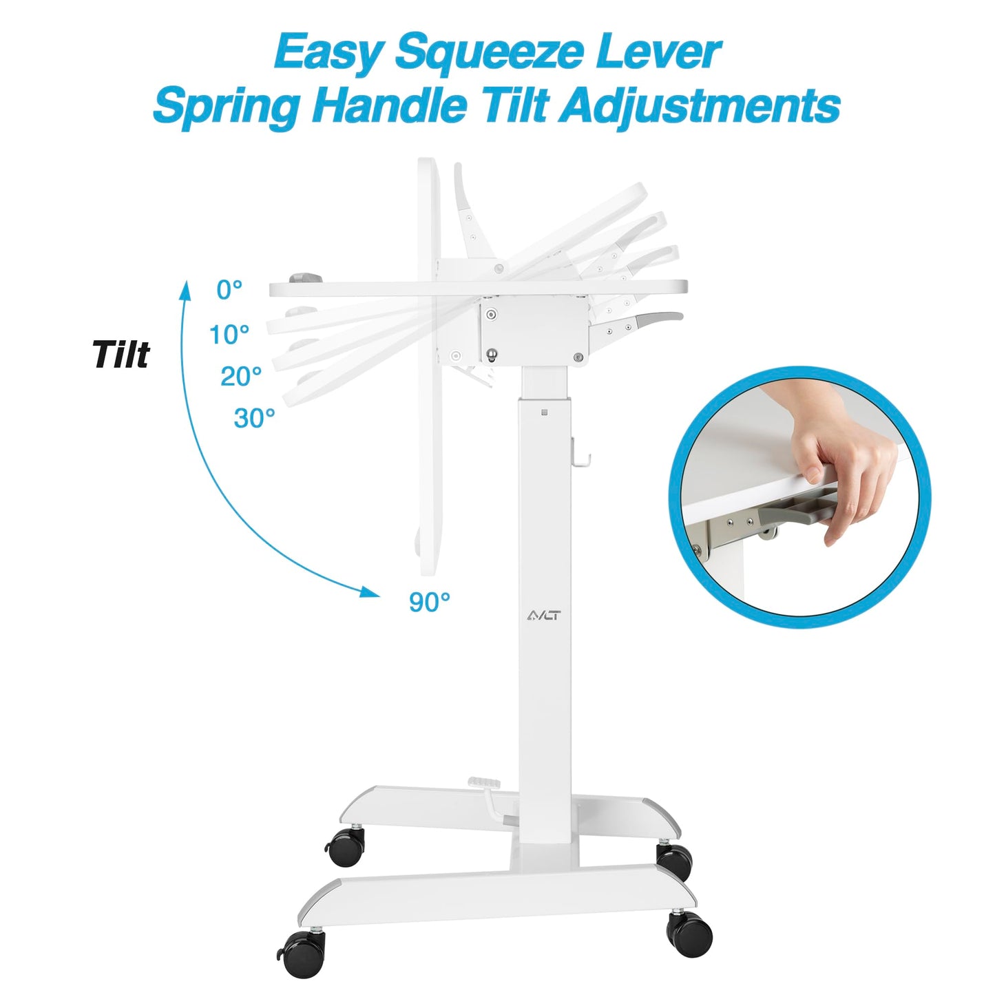 AVLT 47" Height Adjustable Mobile Workstation with Tilting Desk (3 ft 11 inches) - Foot Pedal Pneumatic Standing Desk Cart - Mobile Laptop Cart - Mobile White Cart with Brake Casters
