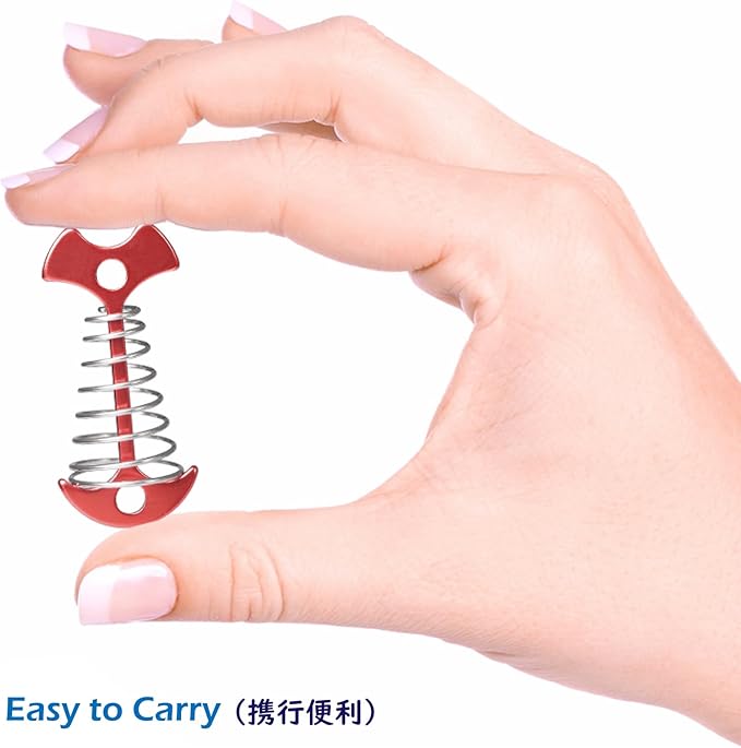 TRIWONDER 6pcs Deck Plank Board Tent Stakes Aluminum Spring Anchor Fishbone Guyline Cord Adjuster Tent Pegs with Carabiners for Outdoor Camping Hiking