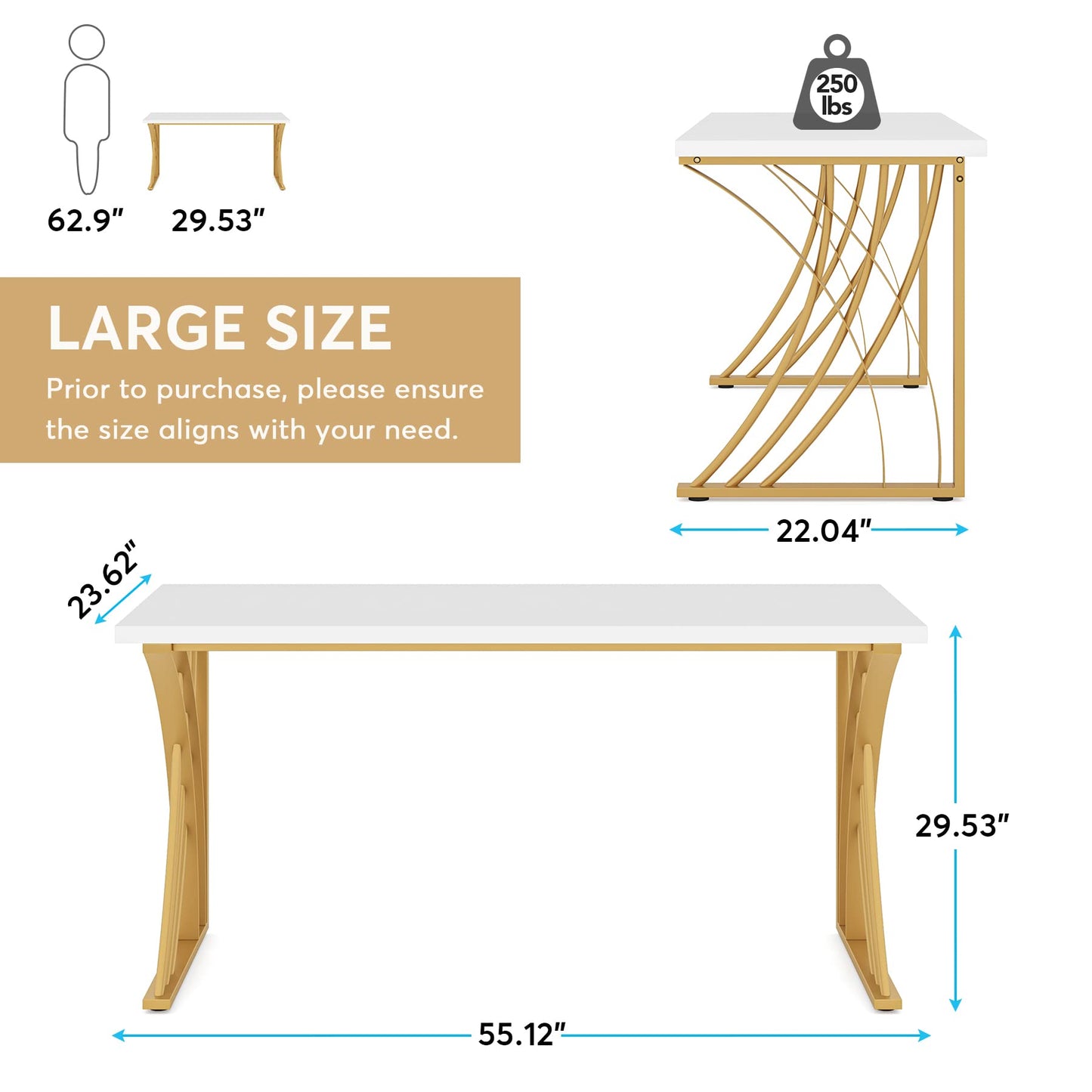 Tribesigns 55’’ Large Modern Computer Desk, White & Gold Luxury Laptop PC Student Table, Makeup Vanity Table with Thick Frame & Strong Legs, Sturdy Writing Workstation for Home & Office
