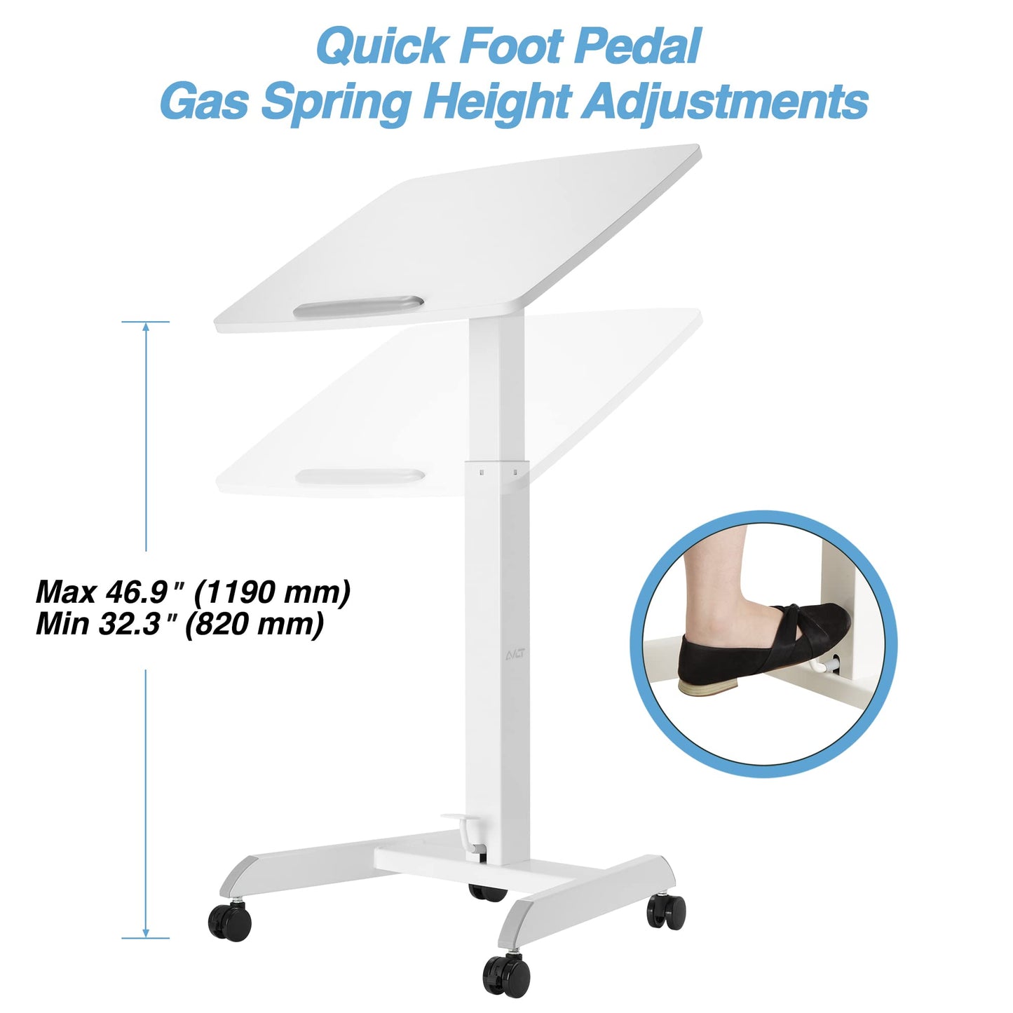 AVLT 47" Height Adjustable Mobile Workstation with Tilting Desk (3 ft 11 inches) - Foot Pedal Pneumatic Standing Desk Cart - Mobile Laptop Cart - Mobile White Cart with Brake Casters