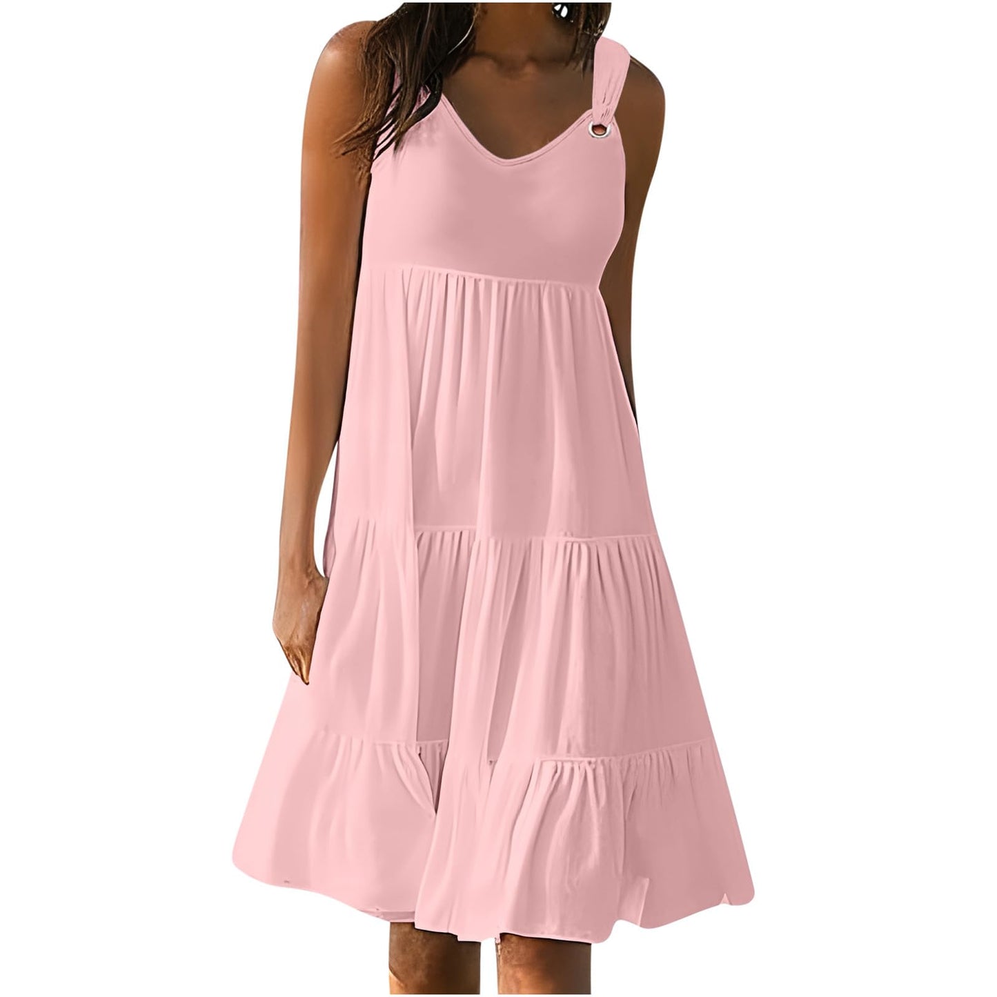 Anjikang dollar deals under 1 Summer Dresses for Women 𝟮𝟬𝟮𝟰 Sleeveless Beach Tank Dresses Tiered Ruffle Swing Dress Casual Solid Color Dresses, Large