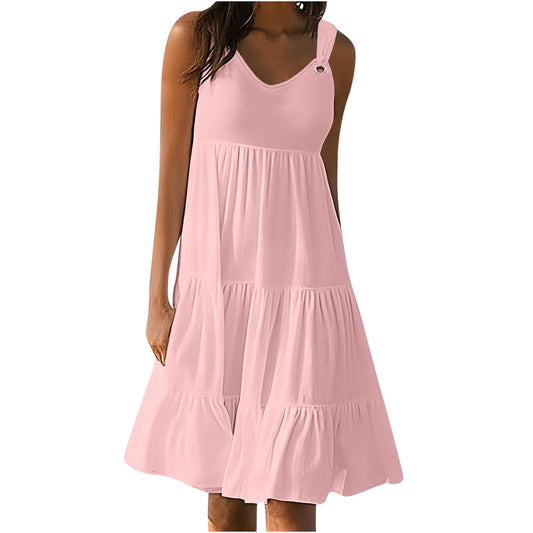 Anjikang dollar deals under 1 Summer Dresses for Women 𝟮𝟬𝟮𝟰 Sleeveless Beach Tank Dresses Tiered Ruffle Swing Dress Casual Solid Color Dresses, Large