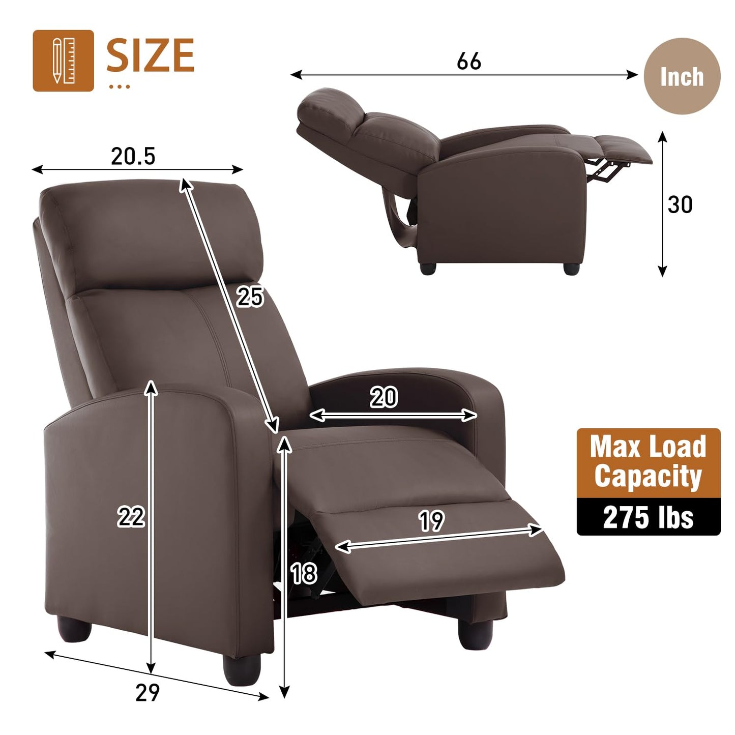 FDW Recliner Chair Single Reclining Sofa Leather Chair Home Theater Seating Living Room Lounge Chaise with Padded Seat Backrest (Brown)