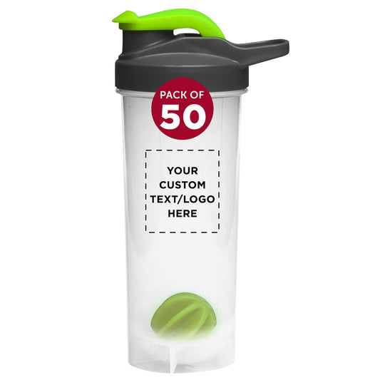 DISCOUNT PROMOS Custom Plastic Shaker Bottles with Mixer 24 oz. Set of 50, Personalized Bulk Pack - Perfect for Protein Shake, Smoothie and More! - Lime Green
