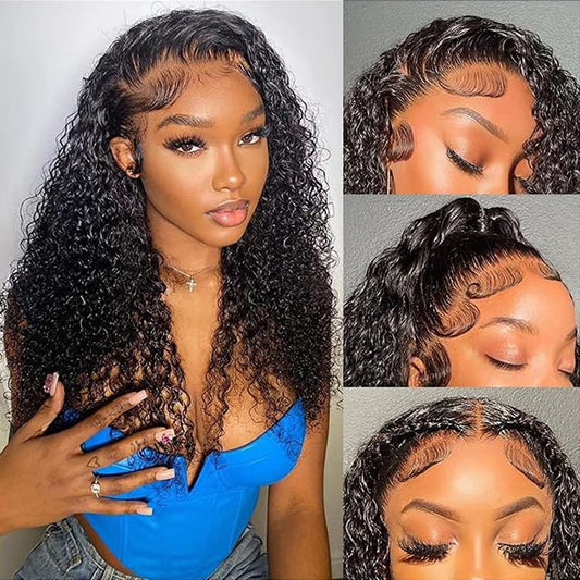 Anderah Deep Wave Lace Front Wig Human Hair 13x4 Curly Lace Frontal Wigs Human Hair for Black Women Pre Plucked with Baby Hair 180% Density Glueless Human Hair Wigs Natural Black (24 Inch)