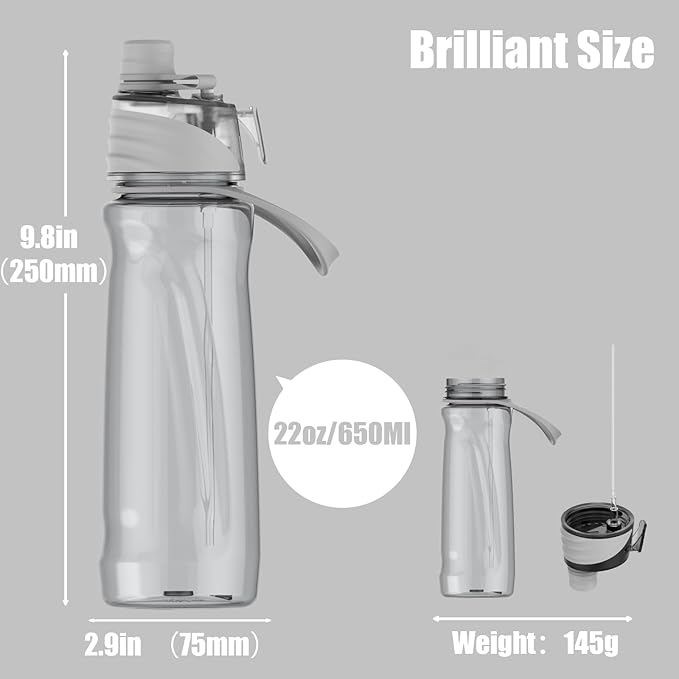 FEIJIAN Mist Water Bottle,22oz Sports Water Bottle with 2-IN-1 Mist & Sip Function, BPA-Free Plastic Water Bottles, Misting Water Bottle, Leakproof & Lightweight, Ideal for Fitness and Outdoor, Gray