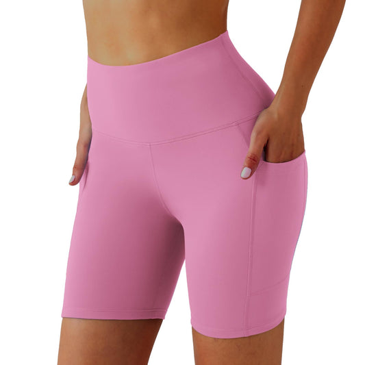 YOYOYOGA Biker Shorts Women High Waist Yoga Shorts with Pocket Spandex Tummy Control Workout Shorts Stretch Gym Running Athletic Exercise Pink XL