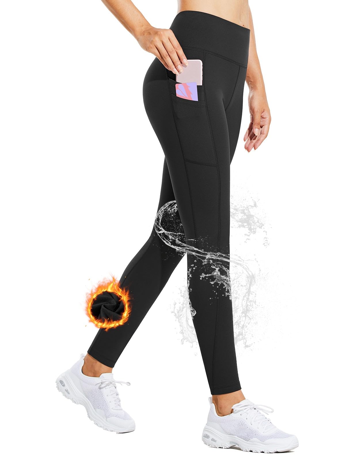 BALEAF Fleece Lined Leggings Women Waterproof Thermal Winter Hiking Pants Warm Tights Skiing Running Yoga Travel Gear Black S
