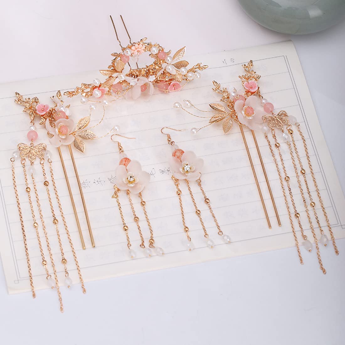 Alloy Hair Sticks Pins Long Tassel Hanfu Chinese Hair Comb/Earrings Set of 1 Traditional Classical (Style D)