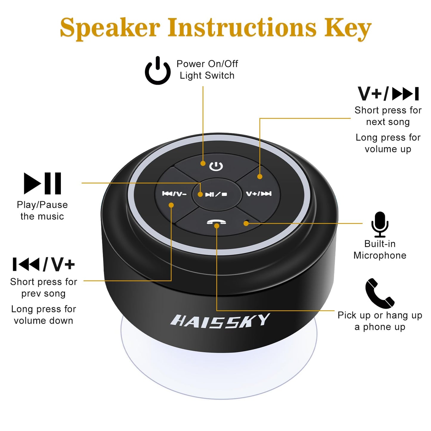 TDLIRH Bluetooth Waterproof Shower Speaker, Portable Wireless Speaker with Suction Cup, Colorful Lights, Teen Gift Idea for Shower, Bathroom, Pool, Beach