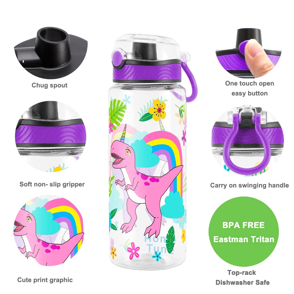 Cute Water Bottle for School Kids Girls, BPA FREE Tritan & Leak Proof & Easy Clean & Carry Handle, 23oz/ 680ml (Rainbow Dinosaur)