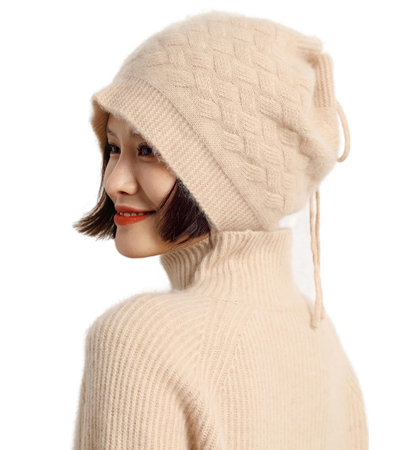 Ailaile Women's Beanie Cap Winter Warm Cashmere Merino Wool Knitted Drawstring Hats Beige