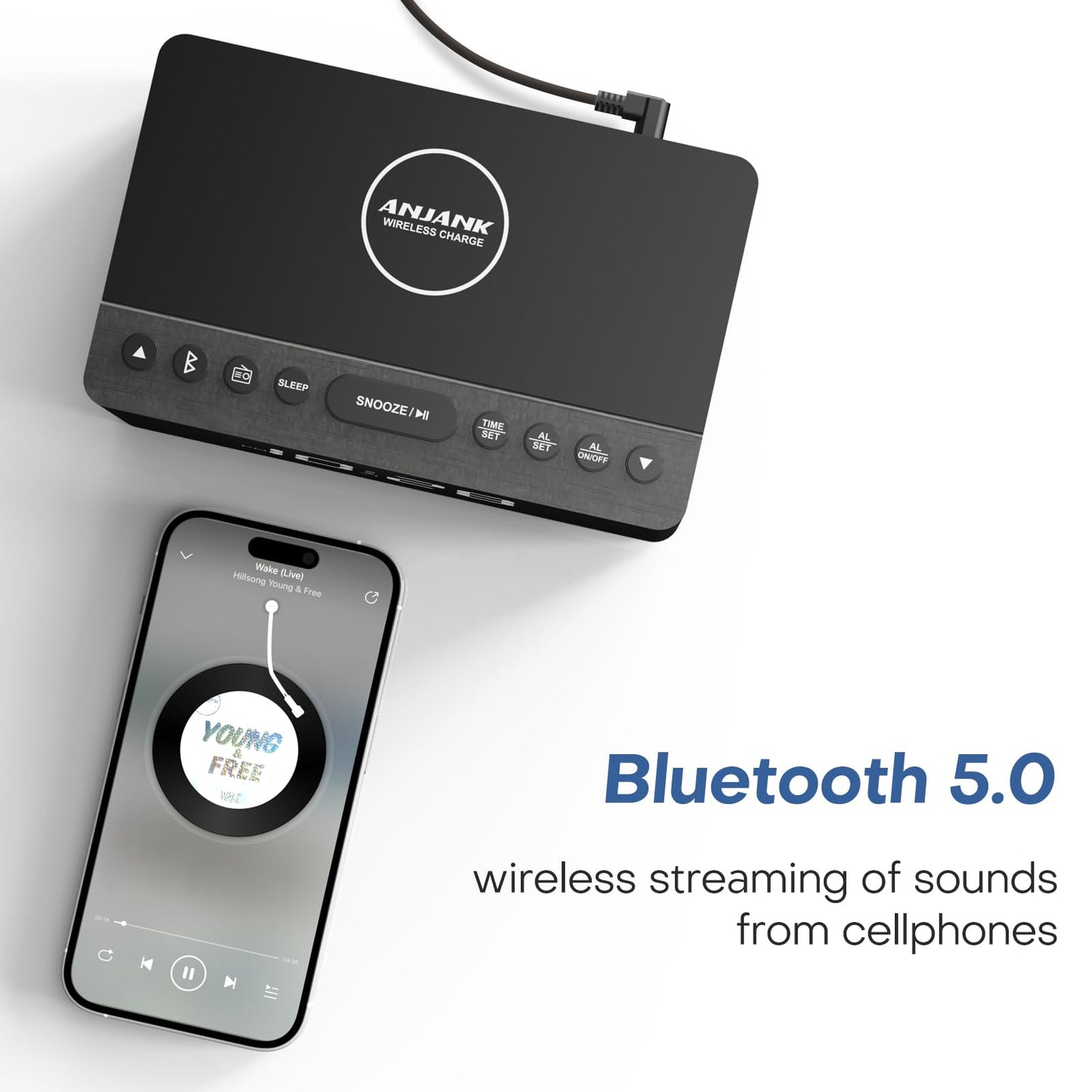 ANJANK Wooden Bluetooth Speaker, Alarm Clock with FM Radio, Qi Certified Fast Wireless Charging Station for iPhone/Samsung, USB Charger Port, Dimmable Display, Digital Wood Clock for Bedroom, Bedside