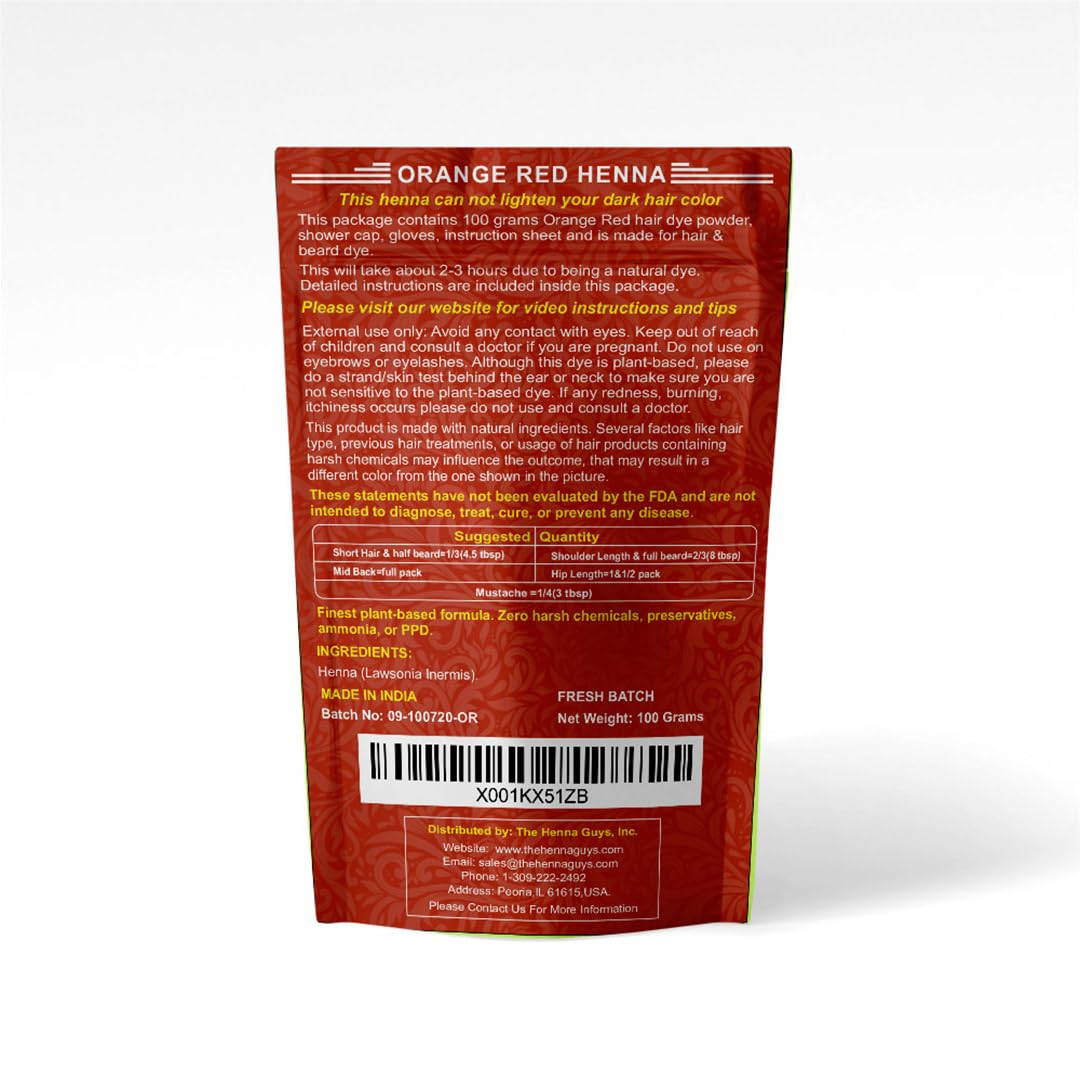 1 Pack Of Red/Orange Henna Hair & Beard Color/Dye 100 Grams - Natural Hair Color, Plant-based Hair Dye - The Henna Guys