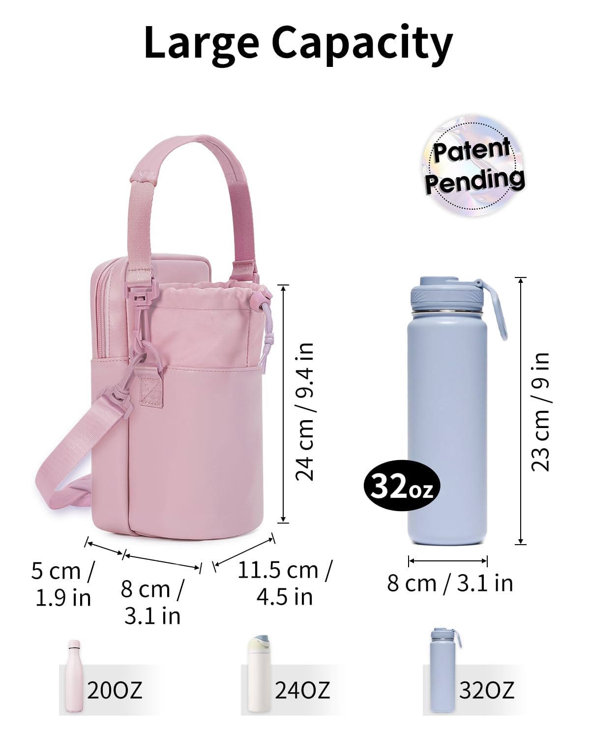 Wandering Nature Water Bottle Holder with Strap 32oz Insulated Water Bottle Carrier Sling Bag with Phone Pocket Water Bottle Pouch for Hiking Walking, Pink(Patent Pending)