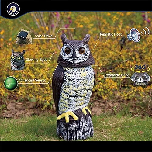 Solar Powered Owl with Motion Detection, Silent Mode, Flashing Eyes, Rotatable Head and Realistic Hoots, Plastic Owl Decoration for Home, Garden, Patio and Fence