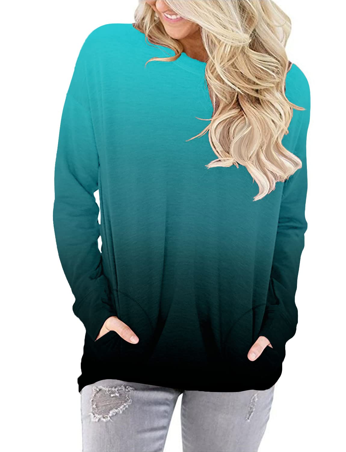 Angerella Color Block Tie Dye Sweatshirts for Women Long Sleeve Crew Neck Plus Size Plain Fashion Casual Tops BlueBlack 3XL