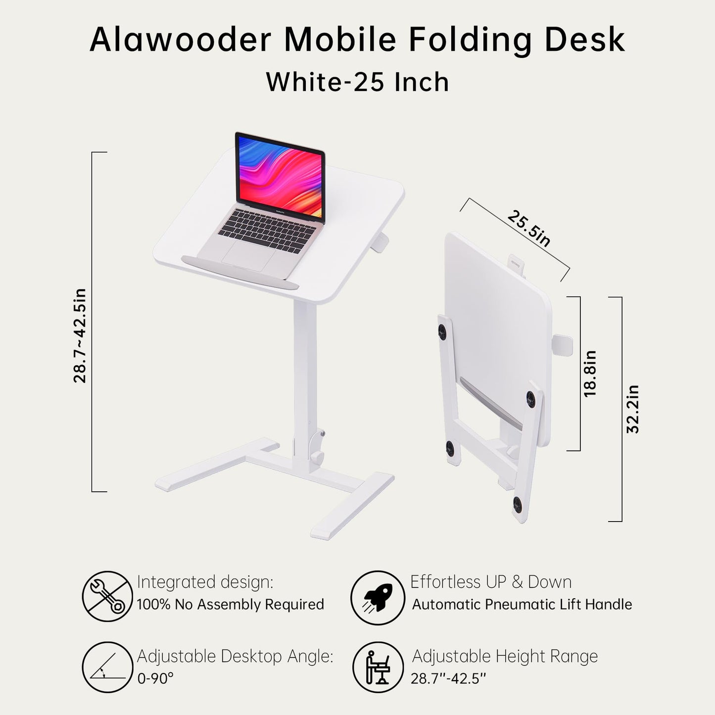 alawooder Mobile Folding Desk 25 Inch - No Assembly Sit-Stand Desk,Height Adjustable Rolling Laptop Desk, Space-Saving Portable Desk with Wheels for Home Office Craft & Study, White
