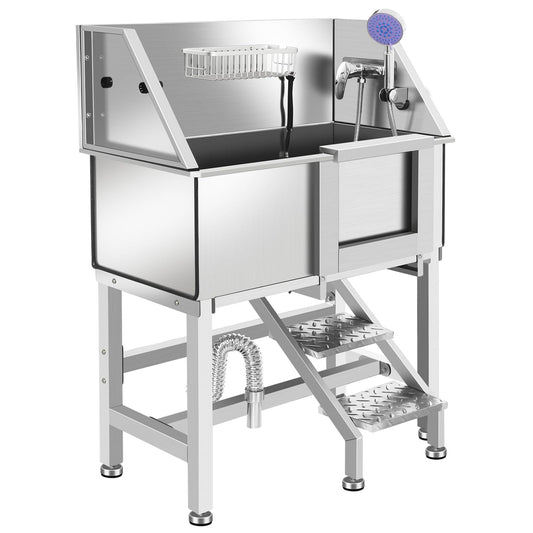 OLIPIC Stainless Steel Dog Washing Station for Large Dogs, Dog Grooming Tub for Home, Professional Dog Bathtub Bathing Station, Pet Wash Station, Dog Shower Tub with Stairs, Drain & Door,34" R-RAMP