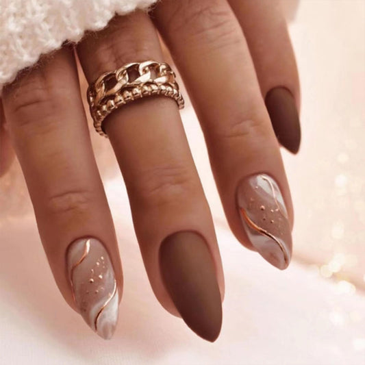 Almond Press on Nails Medium Fake Nails with Designs Brown False Nails Press ons Gold Line Acrylic Glue on Nails Matte Full Cover Cute Artificial Stick on Nails for Women Nails Decorations 24Pcs