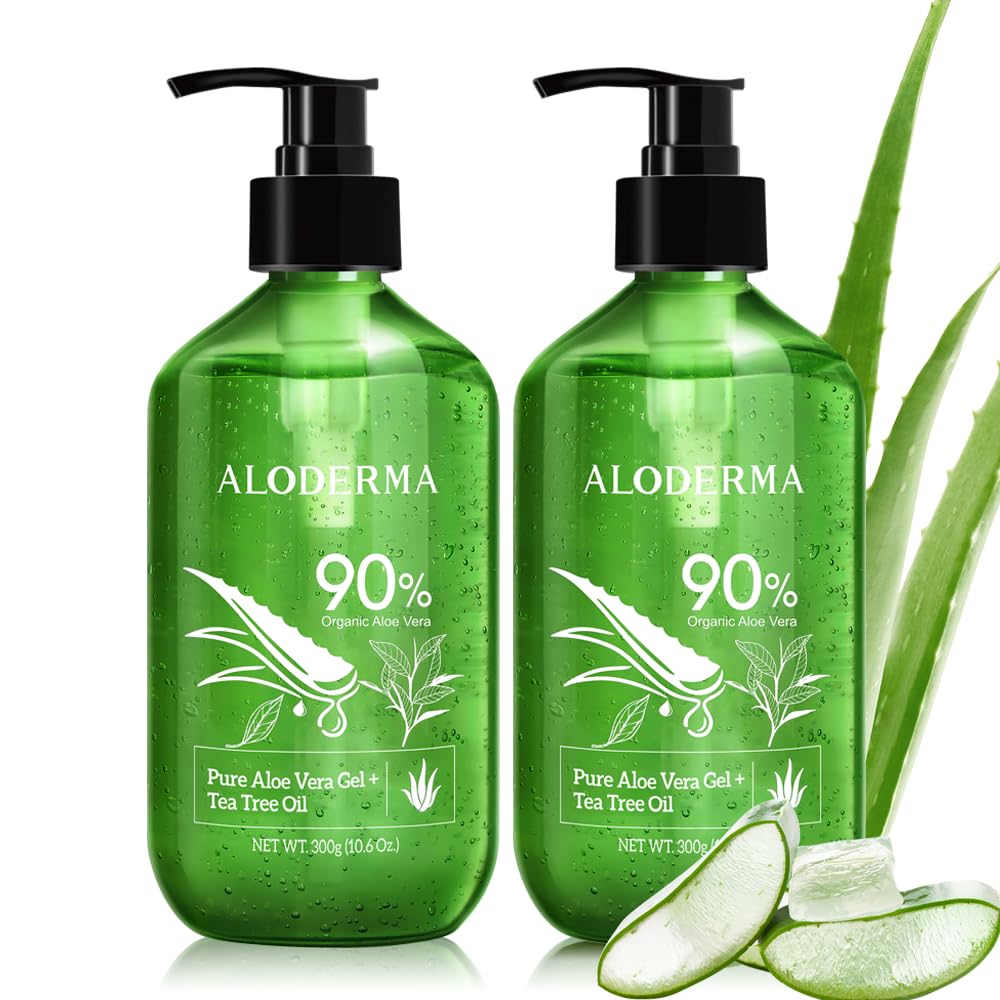 Aloderma Organic Aloe Vera Gel for Skin + Tea Tree Oil, Made within 12 Hours of Harvest, Soothing Pure Aloe Vera Gel for Face, Works Great for Scalp & Aftershave, All Natural Aloe Gel - 300ml x 2btls