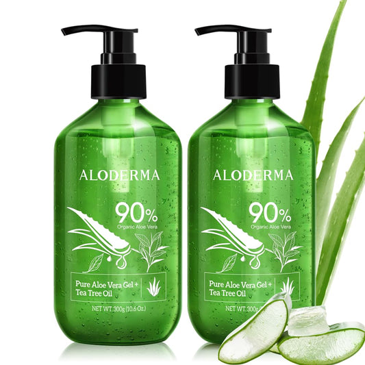 Aloderma Organic Aloe Vera Gel for Skin + Tea Tree Oil, Made within 12 Hours of Harvest, Soothing Pure Aloe Vera Gel for Face, Works Great for Scalp & Aftershave, All Natural Aloe Gel - 300ml x 2btls