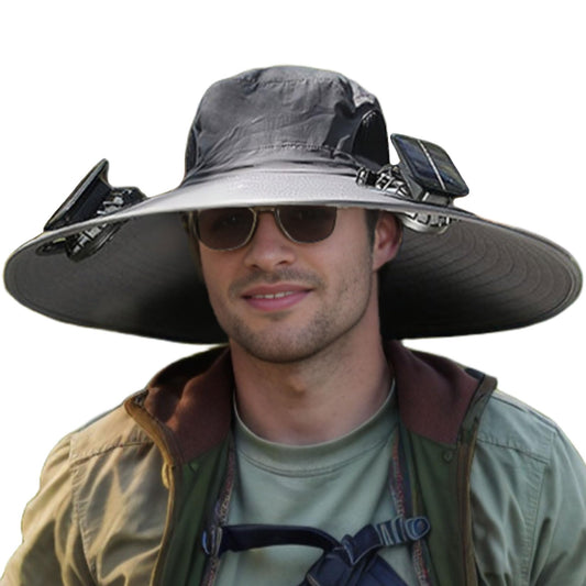 Men Sun Hat with 2 Solar Fan UPF 50+ Fishing Hats Wide Brim UV Protection Sun Hat for Beach Garden Outdoor Sports, USB Charging,Dark gray,One Size