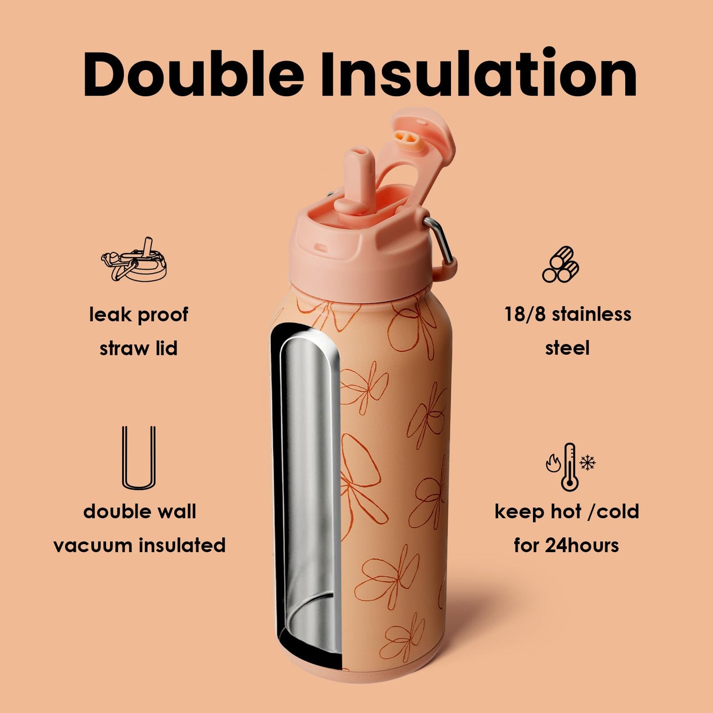 BOTTLE BOTTLE 32oz Insulated Water Bottle Stainless Steel Sport Water Bottle with Straw Dual-use Lid Design for Gym with Pill Box (yellow flower)