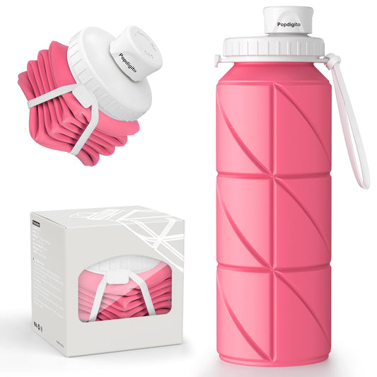 Popdigito Collapsible Water Bottle 2pcs Foldable Silicone Travel Water Bottle Leakproof Flexible BPA Free Portable,Folding Water Bottle Lightweight for Camping, Hiking,Sports 23oz (Pink)