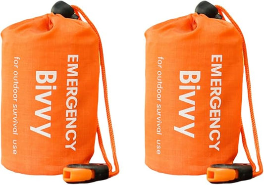 Emergency Sleeping Bag, 2 Pack Portable Thermal Bivy Sack, Waterproof Lightweight Emergency Blanket Survival Gear with Compass and Whistle for Camping Hiking Outdoor Adventure