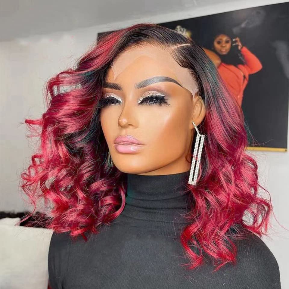 ANDRIA 13X4 HD Lace Front Wigs Pre-Plucked Hairline 16 Inches Body Wave Ombre Burgundy Glueless Lace Frontal Wigs with Baby Hair Short Bob Wig 200% Density Red Loose Wave Wine Red Lace Closure Wig