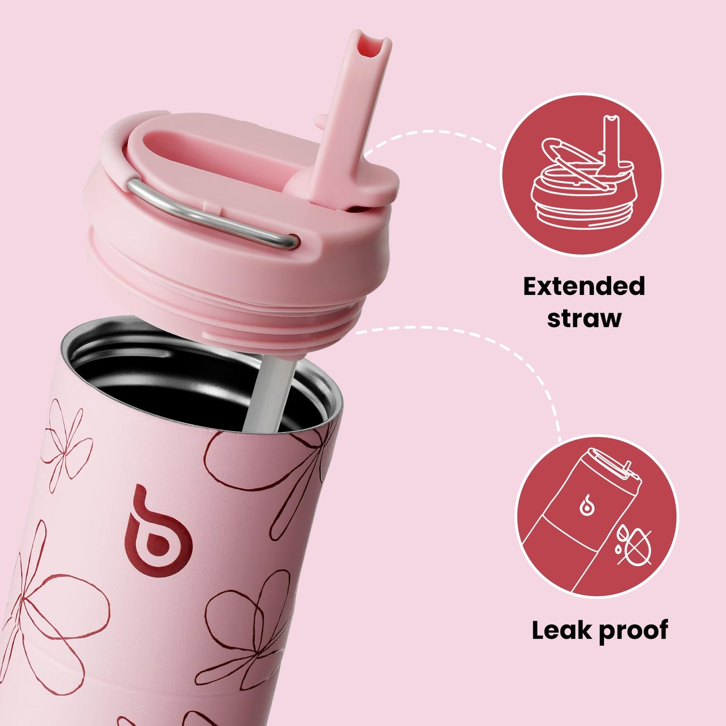 BOTTLE BOTTLE Insulated Water Bottle 24oz with Straw Lid and Handle for Sports Travel Gym Stainless Steel Water Bottles Double-Wall Vacuum Metal Thermos Bottles Leak Proof BPA-Free (Flower Frenzy)