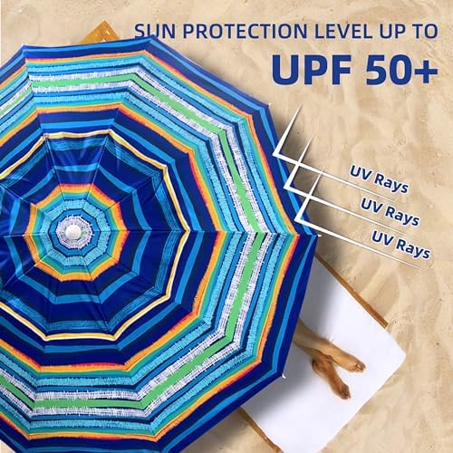 AMMSUN 8 Feet Large Beach Umbrella with Sand Anchor Heavy Duty High Wind Portable Outdoor Umbrellas UV 50+ Protection Air Vent Tilt Patio Garden Pool