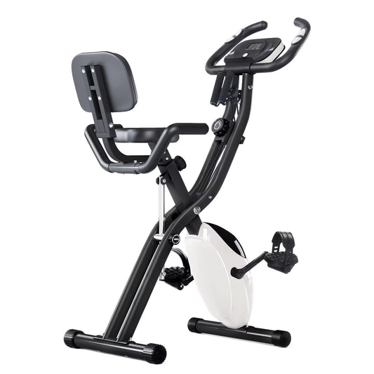 Merax Fitness Folding Exercise Bike, 3 in 1 Foldable Stationary Bikes for Home, Indoor Upright X-Bike with 16-Level Magnetic Resistance and Arm Resistance Band, Pulse Sensor, LCD Monitor