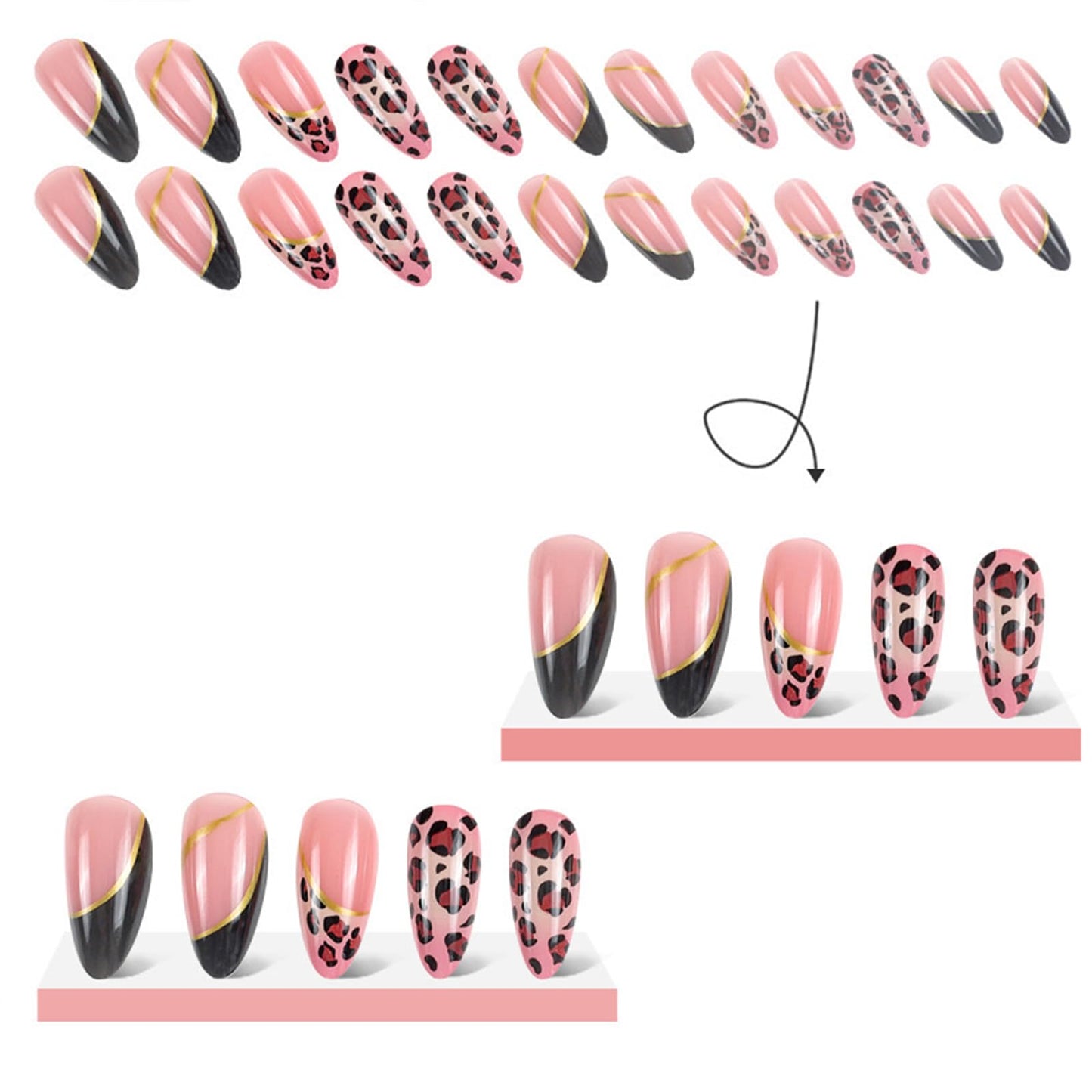 Alomnd Leopard Print False Nails - Press Ons with French Tip, Glossy Finish, 24pcs